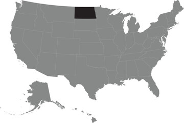 Black CMYK federal map of NORTH DAKOTA inside detailed gray blank political map of the United States of America on transparent background