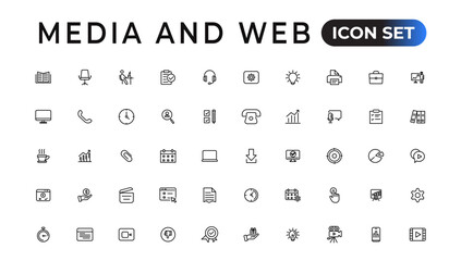 Media and Web icons in line style. Data analytics,Digitalmarketing, Management, Message, Phone. Vector illustration.