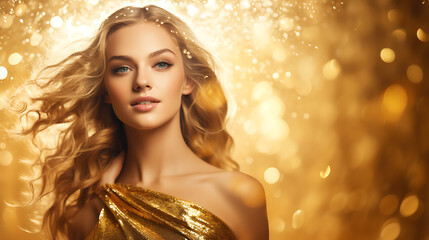 Golden dressed woman in gold room. Luxury and premium photography for advertising product design. Fashion beautiful european woman - obrazy, fototapety, plakaty