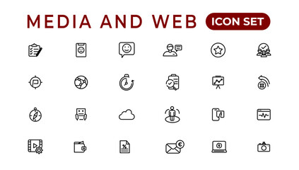 Media and Web icons in line style.Data analytics,Digitalmarketing, Management, Message, Phone. Vector illustration.