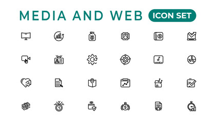 Media and Web icons in line style.Data analytics,Digitalmarketing, Management, Message, Phone. Vector illustration.