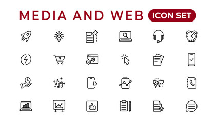 Media and Web icons in line style.Data analytics,Digitalmarketing, Management, Message, Phone. Vector illustration.
