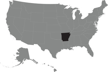 Black CMYK federal map of ARKANSAS inside detailed gray blank political map of the United States of America on transparent background