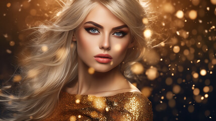 Golden dressed woman in gold room. Luxury and premium photography for advertising product design. Fashion beautiful european woman