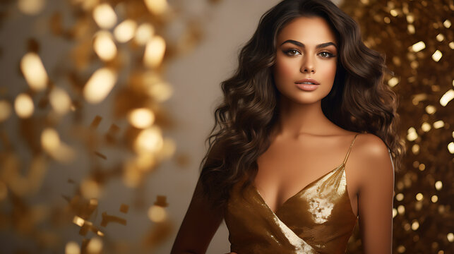 Golden dressed woman in gold room. Luxury and premium photography for advertising product design. Fashion beautiful european woman
