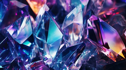 Rolgordijnen Abstract crystal background. Diamond gemstone prism texture. Brilliant iridescent rainbow refraction. Gem stone rock glass crystal golographic background © Alin