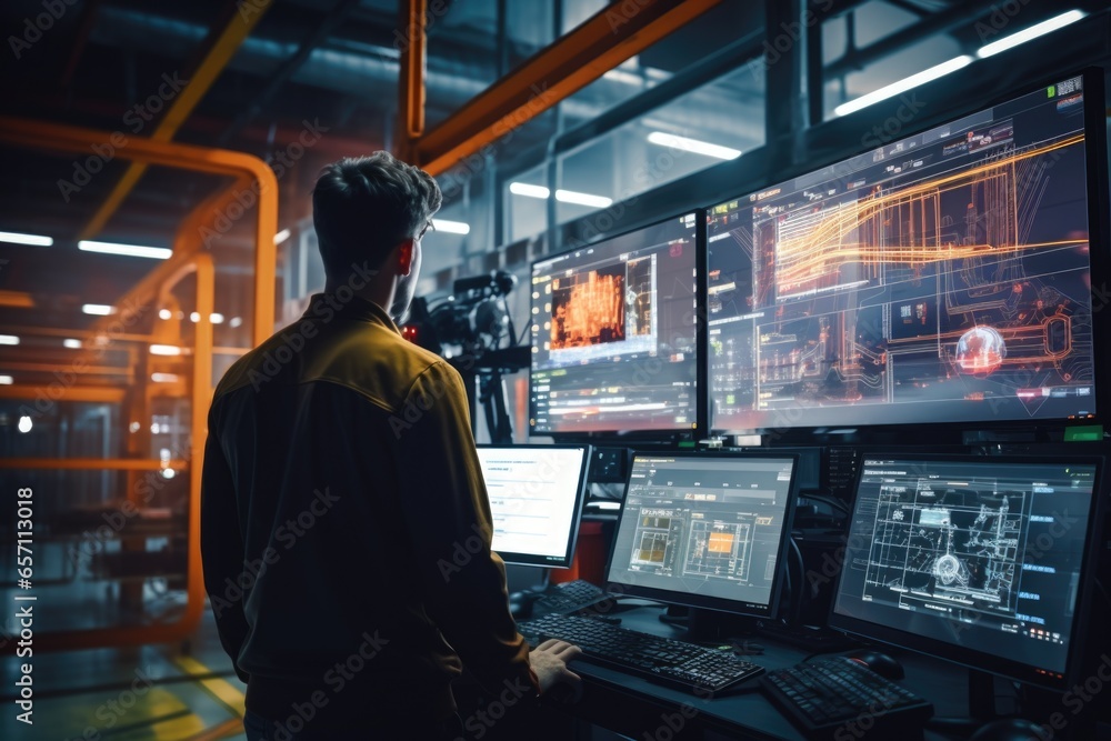 Aufkleber A man standing in front of multiple computer screens. This image can be used to depict technology, digital workspace, or multitasking.