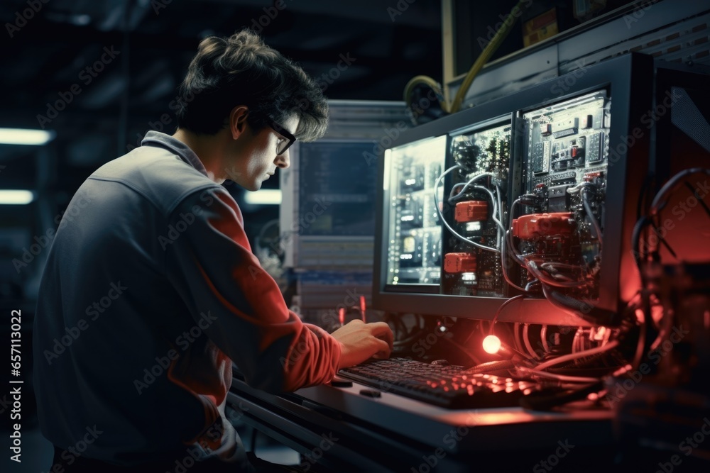 Aufkleber a man is seen working on a computer in a dimly lit room. this image can be used to depict concepts s