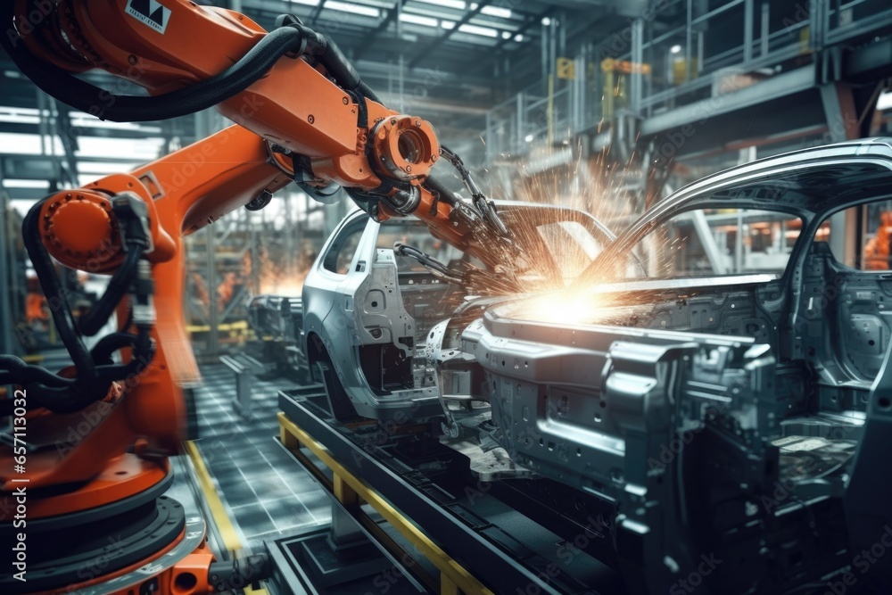 Aufkleber A car being worked on by a robot in a factory. This image can be used to showcase automation and technology in the automotive industry.