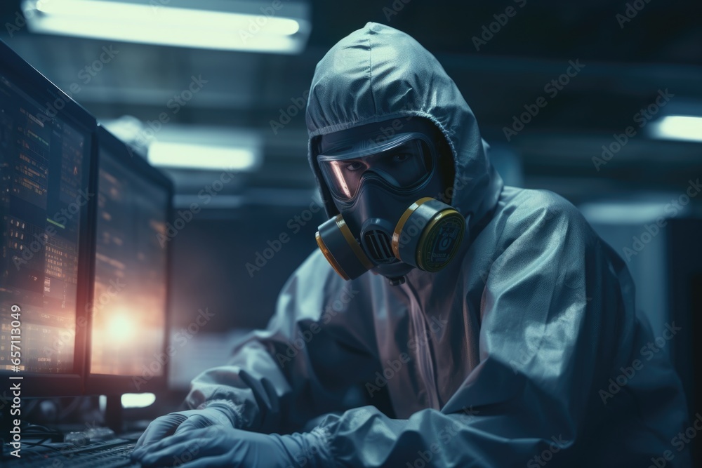 Poster A man wearing a gas mask is seen working on a computer. This image can be used to depict a variety of scenarios related to technology, cybersecurity, and hazardous environments.