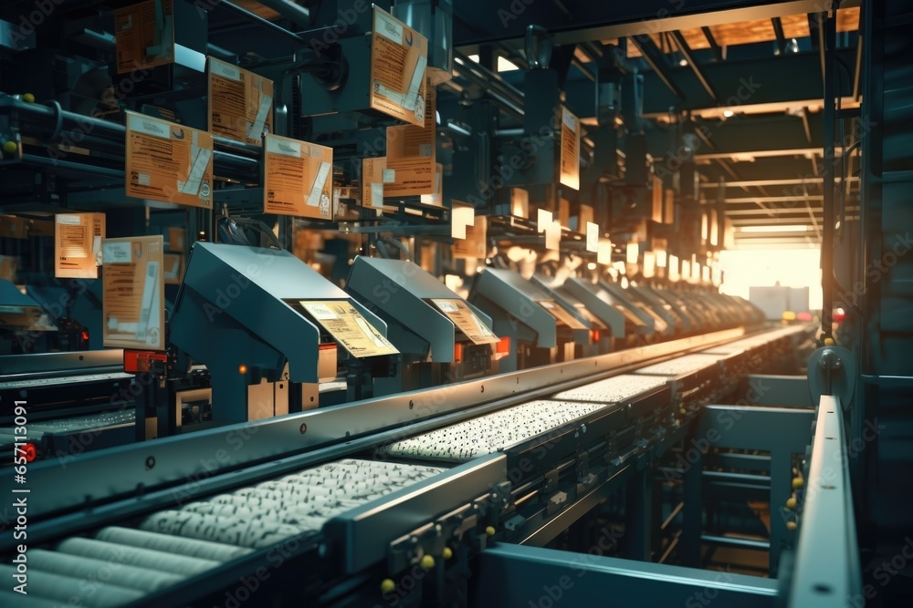 Poster a bustling factory filled with various machines and boxes. this image can be used to depict manufact
