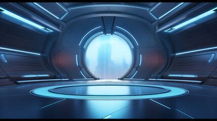 empty futuristic space ship deck background with blue light.