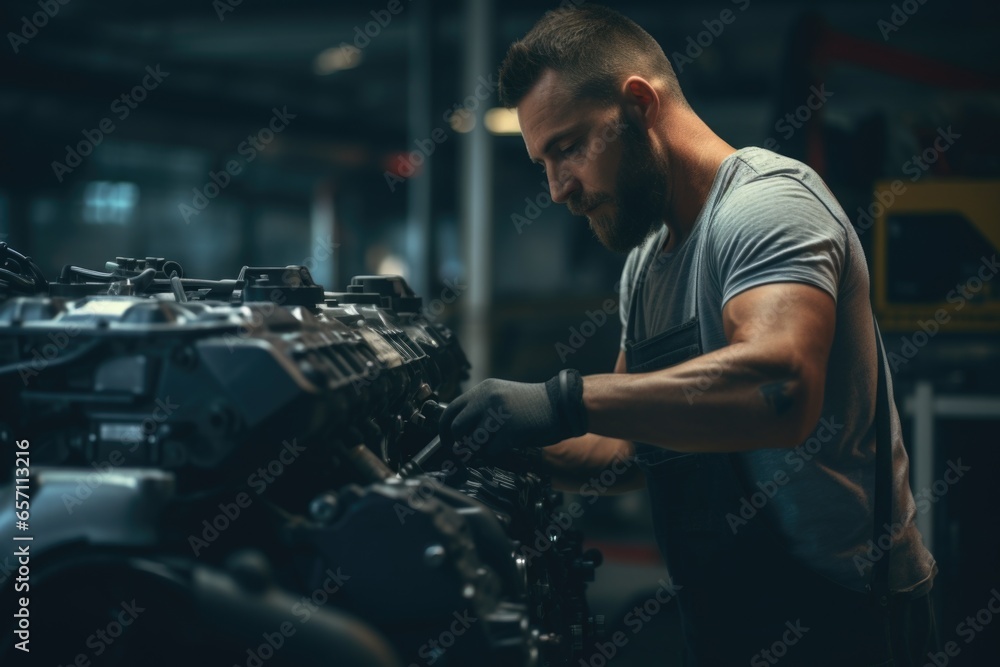 Poster a man is seen working on a motorcycle engine in a garage. this image can be used to illustrate autom