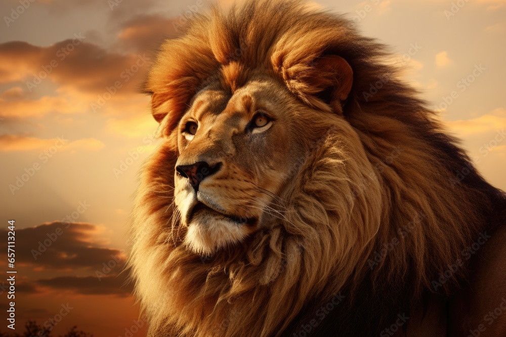 Aufkleber a close up photograph of a majestic lion with a cloudy sky in the background. this image captures th