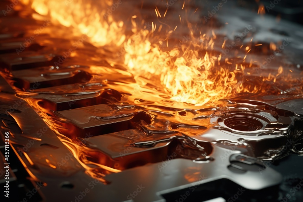 Aufkleber a close up shot of a computer keyboard engulfed in flames. perfect for illustrating the concept of t