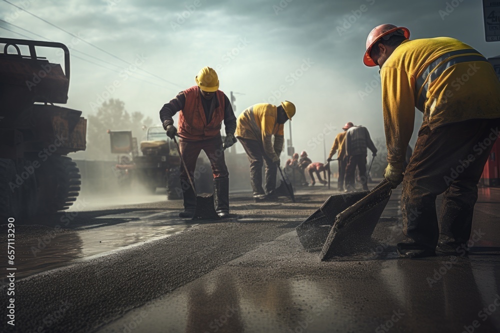 Poster A group of construction workers diligently working on a road. This image can be used to depict infrastructure development or construction projects.