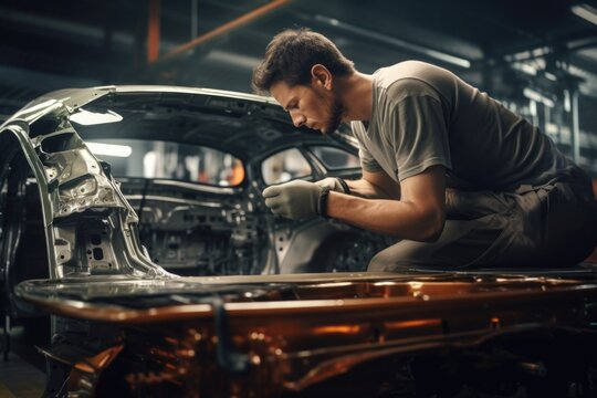 A man is seen working on a car in a garage. This image can be used to depict automotive repairs or maintenance.