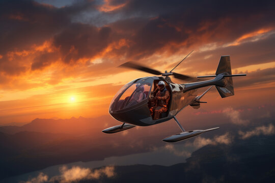 A stunning image of a helicopter soaring through the sky during a picturesque sunset. Perfect for travel, adventure, and transportation themes.