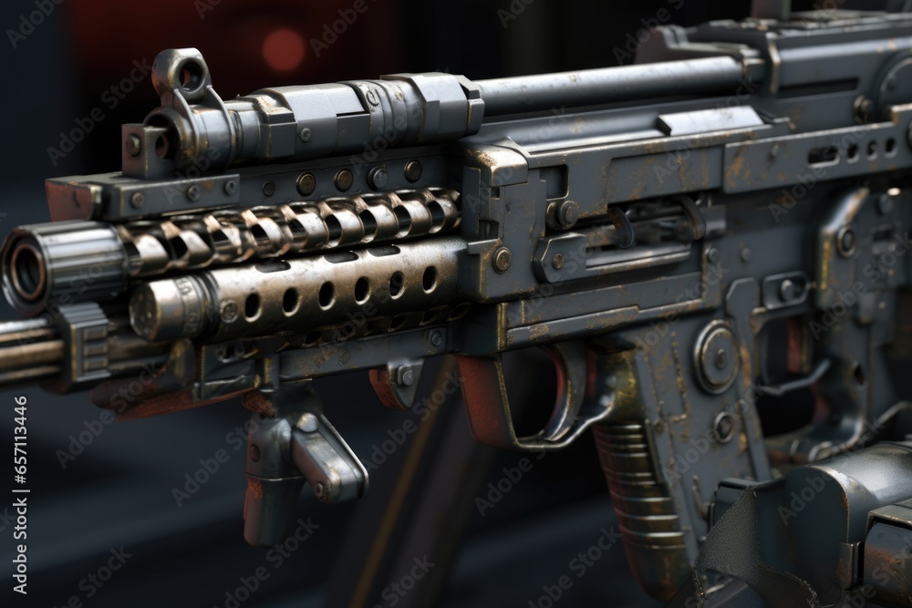 Poster A detailed close-up shot of a machine gun on display. This image can be used to showcase the intricacies of firearms or to illustrate the military or historical context of weaponry.