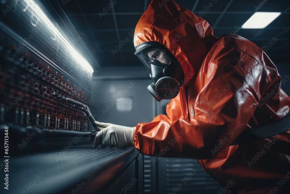 Poster a man wearing a gas mask is seen operating a machine. this image can be used to depict industrial wo