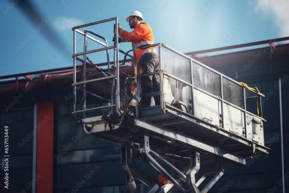 Poster A man is seen using a pair of scissors while working on a building. This image can be used to depict construction, renovation, or maintenance work.
