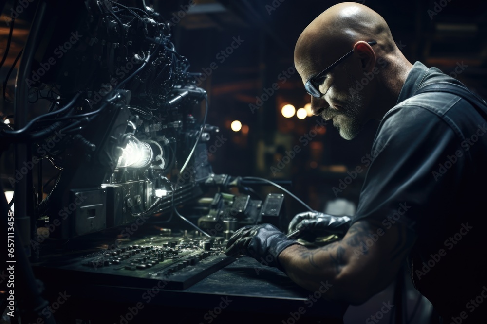 Poster a man is seen working diligently on a computer in a dimly lit room. this image can be used to depict