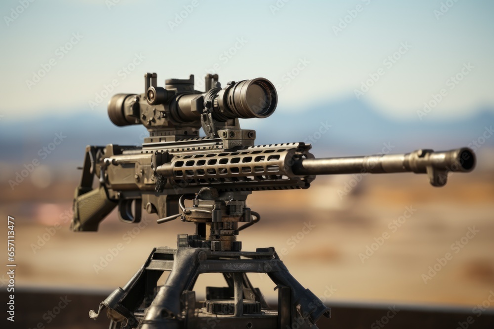 Poster a powerful machine gun mounted on a sturdy tripod. perfect for military or action-themed projects.