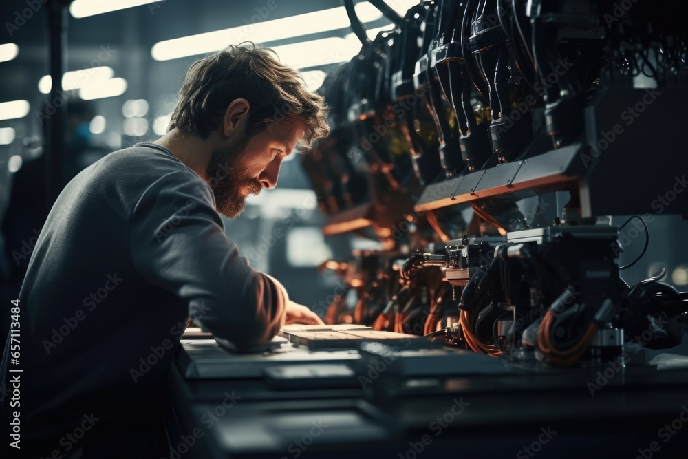 Poster A man is seen working on a computer in a factory. This image can be used to depict technology and automation in industrial settings.
