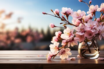 Wooden table with beautiful blossoming branches of sakura in vase on blurred background, Nature floral background with copy space
