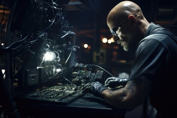 A man is seen working diligently on a computer in a dimly lit room. This image can be used to depict a variety of concepts such as late-night work, technology, concentration, or productivity.