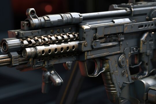 A detailed close-up shot of a machine gun on display. This image can be used to showcase the intricacies of firearms or to illustrate the military or historical context of weaponry.