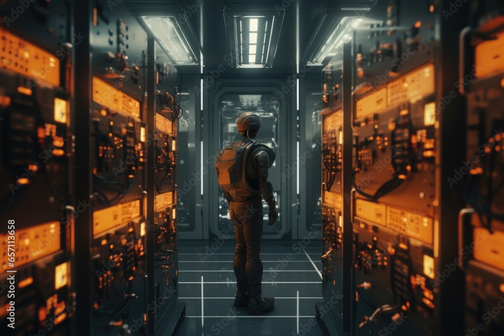 Poster a man stands in the middle of a room filled with various electronic equipment. this image can be use