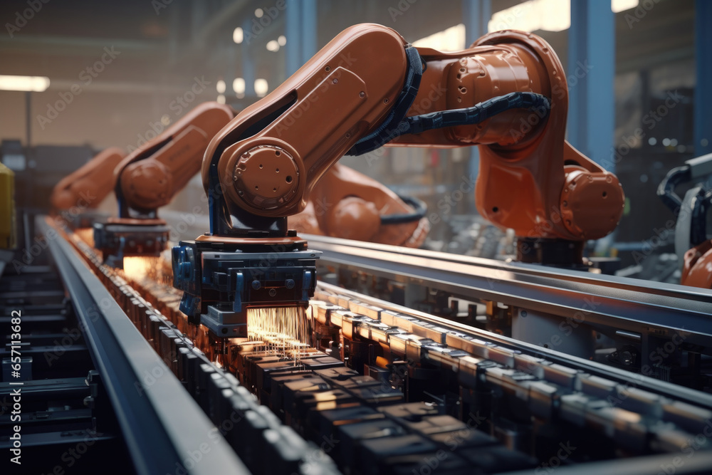 Poster A conveyor belt with robots moving along it. This image captures the efficiency and automation of a modern industrial process. Perfect for illustrating manufacturing, assembly lines, technology, and r