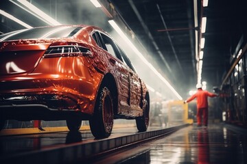 A picture of a car being worked on in a factory. This image can be used to represent the manufacturing process or automotive industry.