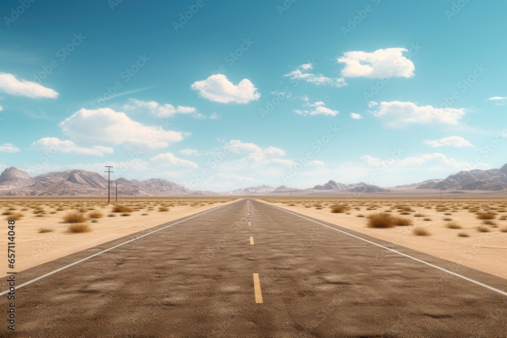 Poster a picture of an empty road stretching through the vast desert landscape. suitable for travel and adv