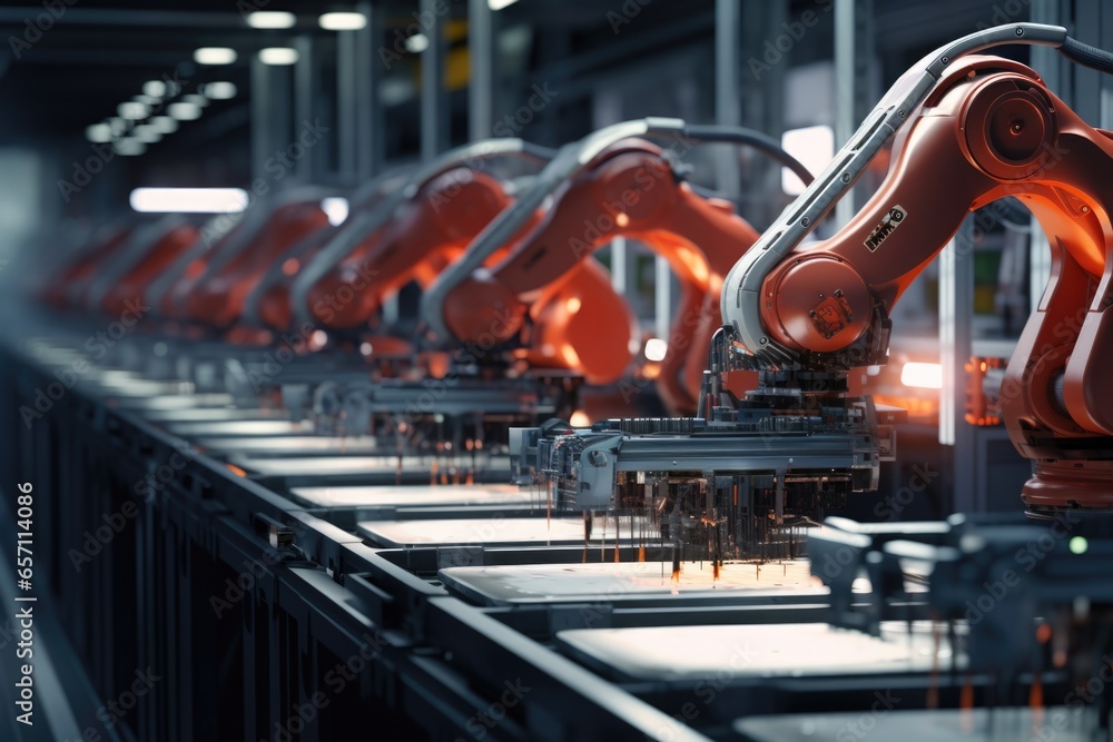 Poster a line of robots working diligently on a conveyor belt. this image can be used to illustrate automat