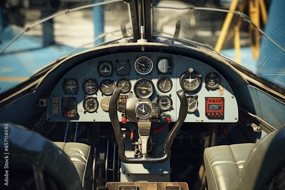 Aufkleber the picture showcases the cockpit of a small plane, displaying a multitude of gauges. it is a perfec