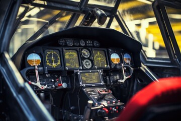 A detailed view of the cockpit of a small plane with a multitude of instruments. This image can be used to depict aviation, flying, piloting, or aircraft technology.