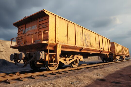 A train car is seen sitting on the tracks near a pile of sand. This image can be used to depict transportation, construction, or industrial themes.