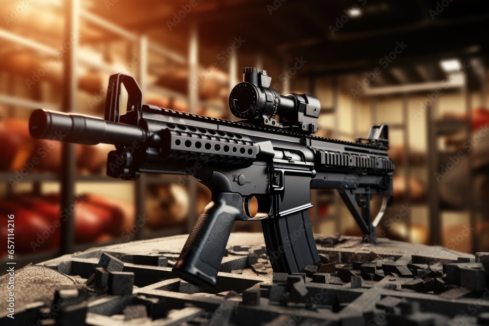 Poster a toy gun placed on a stack of bricks. this image can be used to depict concepts such as childhood i