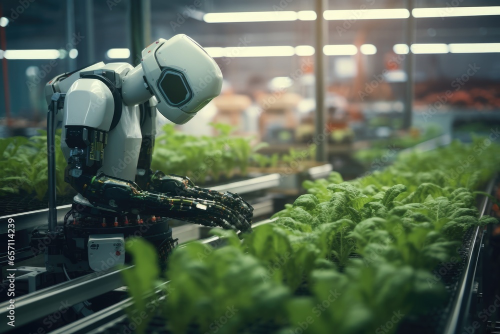 Fototapete A robot is seen working in a greenhouse, specifically tending to lettuce plants. This image can be used to showcase automation in agriculture and the use of technology in farming practices.