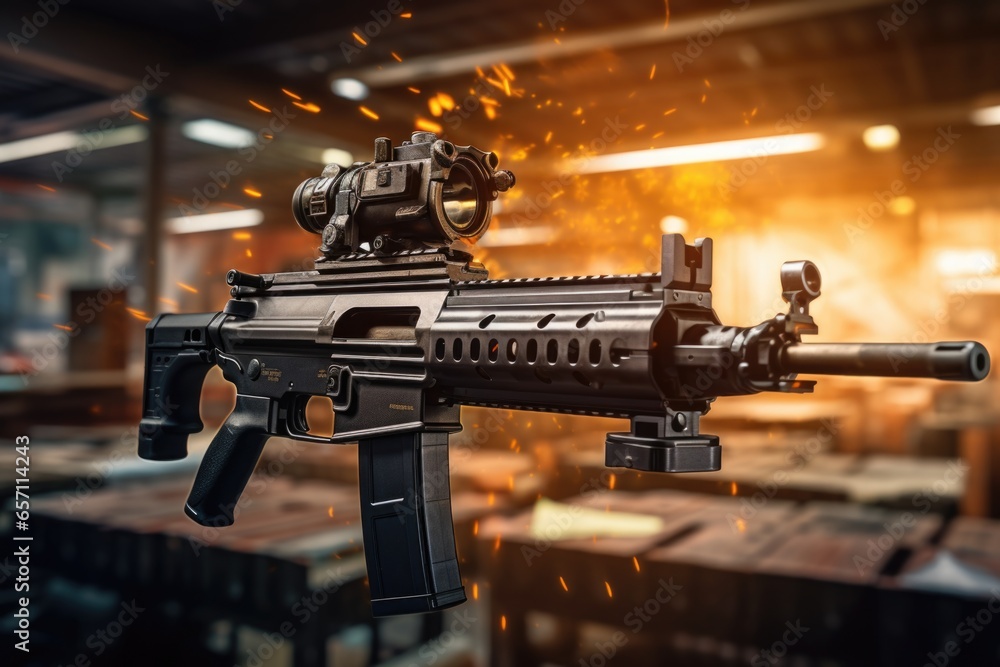 Poster A powerful machine gun equipped with a red dot sight, ideal for precise targeting. This image can be used to illustrate military equipment or action-packed scenes.