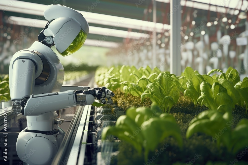Poster a robot standing in a greenhouse. perfect for illustrating the combination of technology and agricul