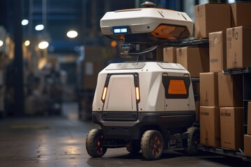 A robot efficiently moves boxes in a warehouse. Perfect for illustrating automation and efficiency in logistics and supply chain management. - obrazy, fototapety, plakaty