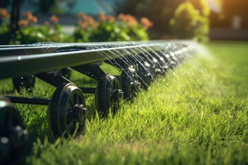 A picture of a sprinkler spraying water on a lush green lawn. Ideal for illustrating concepts related to gardening, lawn care, irrigation, and water conservation.