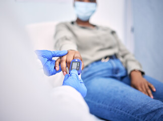 Hospital, diabetes and woman with doctor for glucose test, sugar level and high blood pressure....