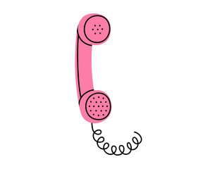 Hand drawn cute cartoon illustration of pink retro phone handset. Flat vector old telephone with dial sticker in simple colored doodle style. Call device icon or print. Isolated on white background.