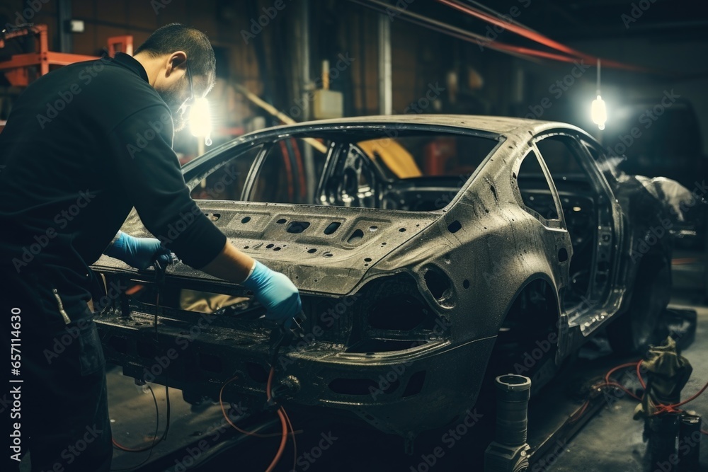 Poster a man is seen working on a car in a garage. this image can be used to depict car repairs, auto maint