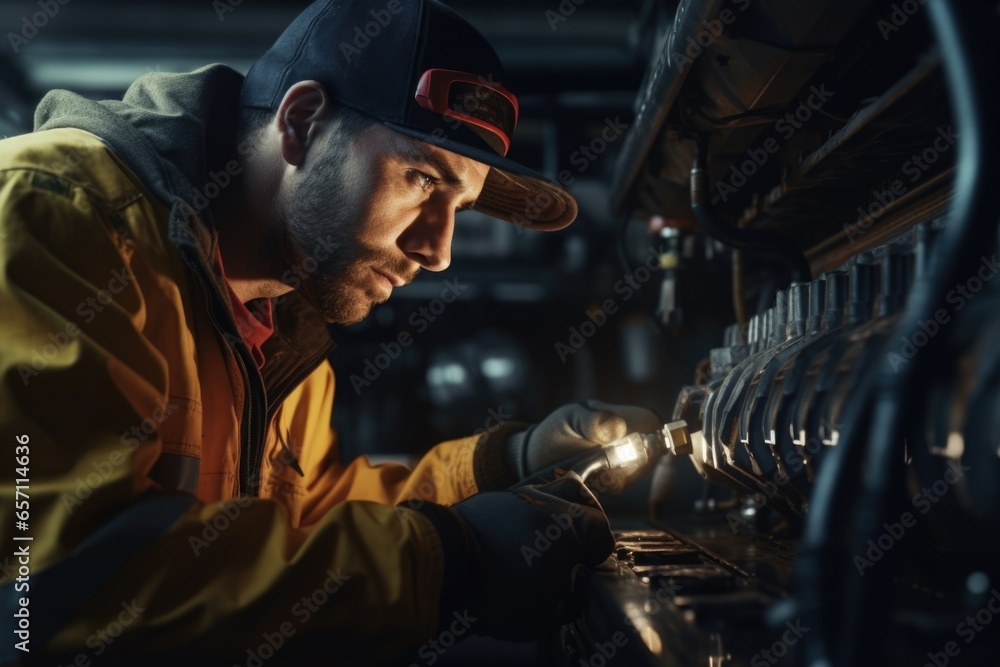 Poster A man is shown working on a machine in a factory. This image can be used to depict industrial work, manufacturing, or technology in a factory setting.