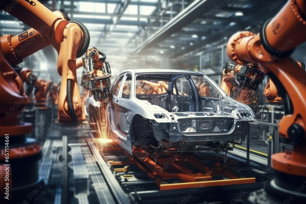 Poster a car being assembled on a conveyor belt in a factory. suitable for industrial and manufacturing con